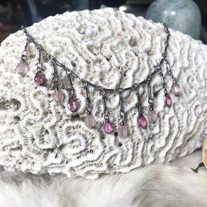 Dangle Bib Style Choker Length Necklace with Frosted Petal Pink & Deep Pink Gems